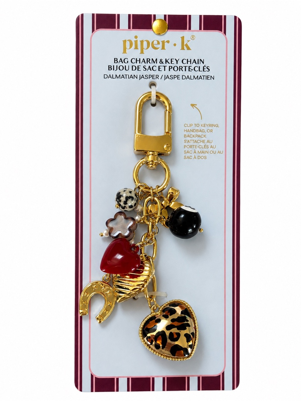 piper·k Gold Key & Bag Charm with Red, Black and Leopard Heart